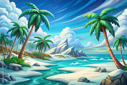 Palm trees, turquoise sea, and white beach fully covered in snow under cloudy sky