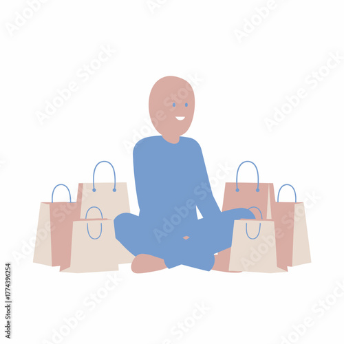 Person Meditating Surrounded by Shopping Bags.