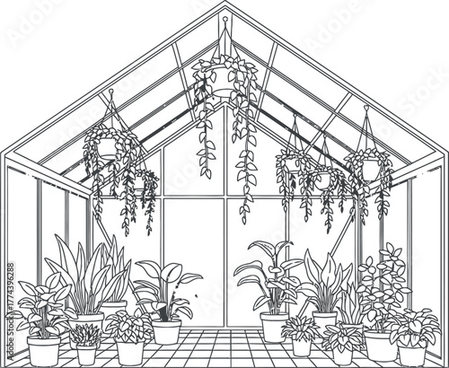 Botanical Greenhouse Line Art Vector Illustration with Potted and Hanging Plants