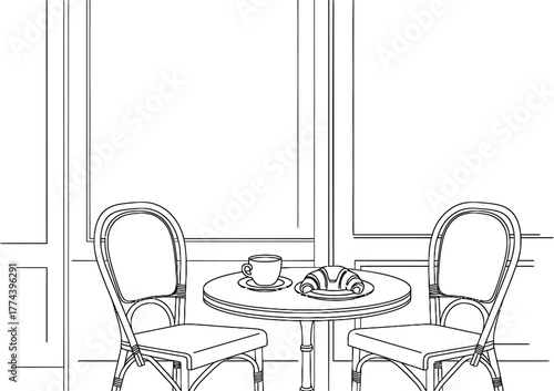Elegant Parisian Cafe Scene Line Art with Coffee and Croissant