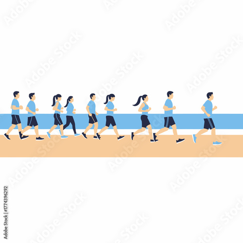 Group of diverse people running together in a line.