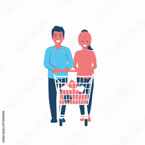 Couple shopping together with a full shopping cart smiling happily.