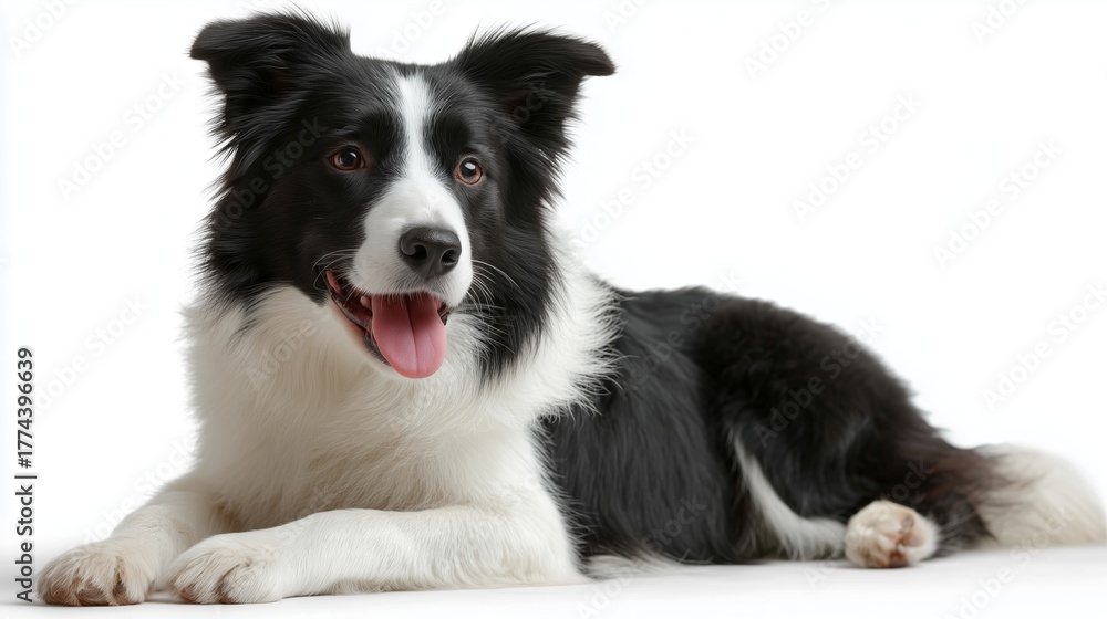 Fototapeta premium Happy black and white border collie laying down on a white background in a studio setting