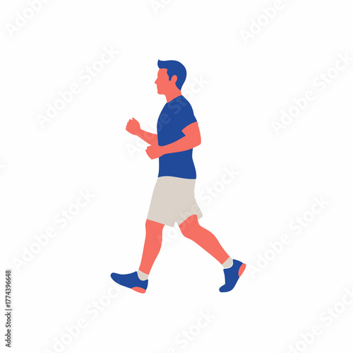 Man in blue shirt and shorts running with determination and focus.