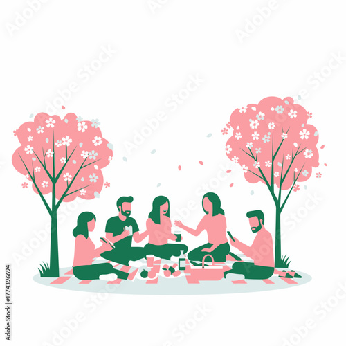 Group of friends enjoying a spring picnic under blooming cherry blossom trees.