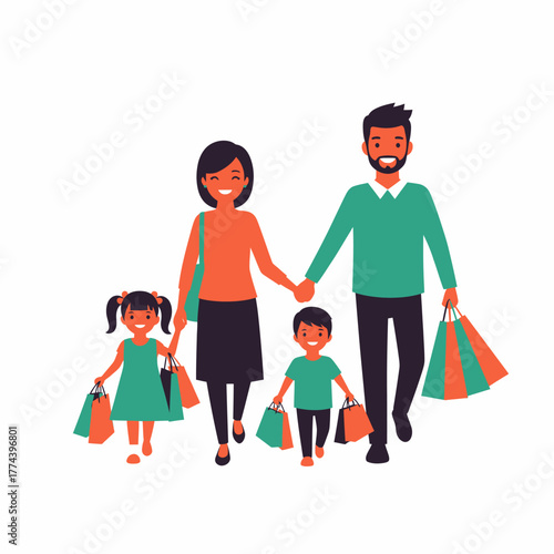Happy family enjoying shopping together with colorful bags and smiles.