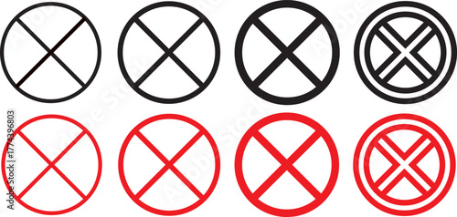 No icon set. Stop sign symbol. Set of red prohibition sign vector icons for signs, Disallowed or no symbol for public. Red warning icon. No entry sign or stop . Red circle sign stop entry ang slash 