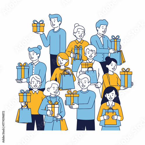 Group of people holding gifts and shopping bags celebrating a special occasion.