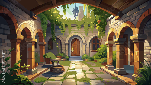 vector of a medieval castle courtyard with stone arches, ivy-covered walls, wooden doors, sunlight streaming through, ancient architecture, calm and nostalgic warm atmosphere