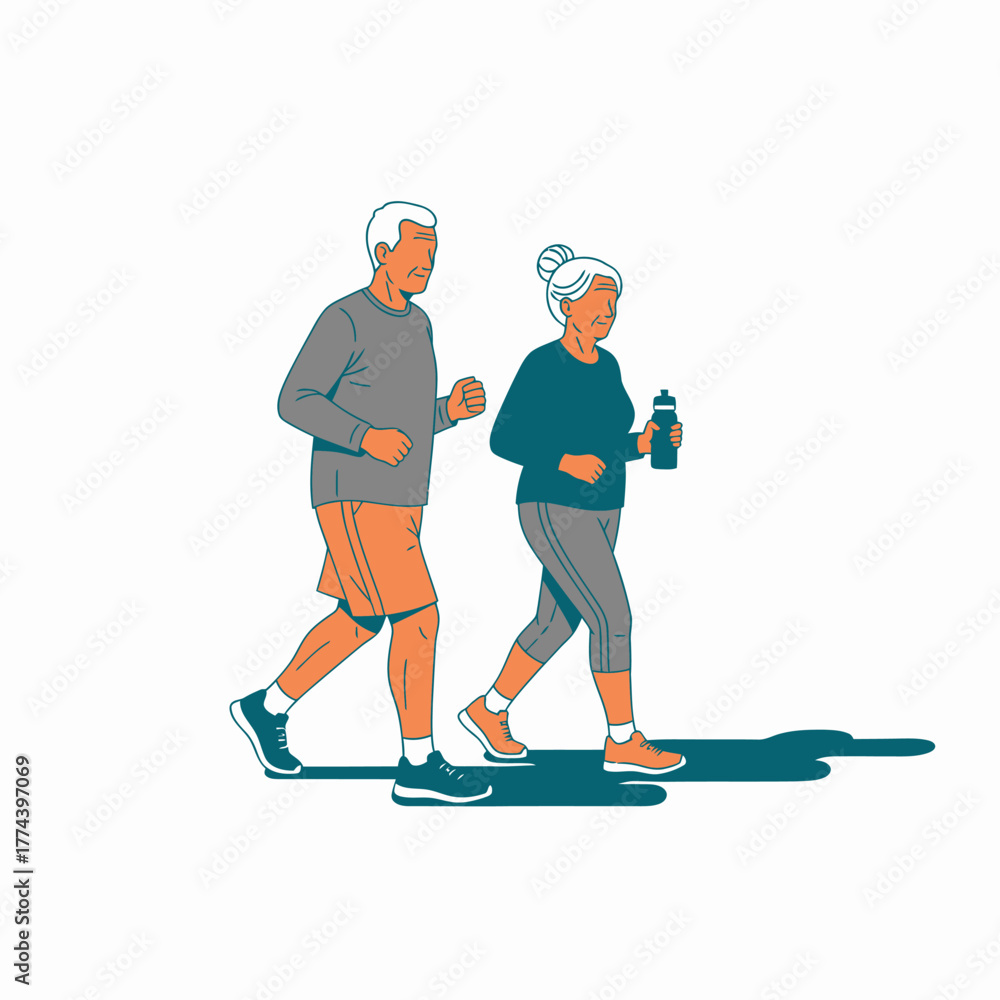 Obraz premium Elderly couple jogging together in the park for their daily exercise routine.