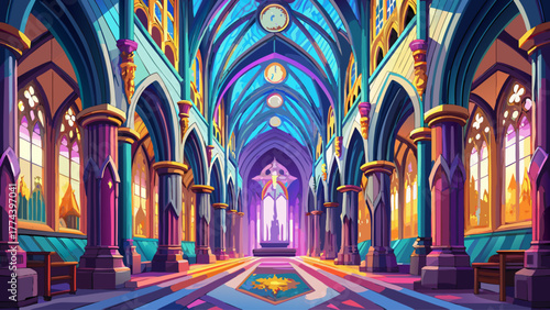 vector of a gothic cathedral interior with tall stained glass windows, colorful light beams, ornate arches, and detailed carvings, realistic historical sacred atmosphere