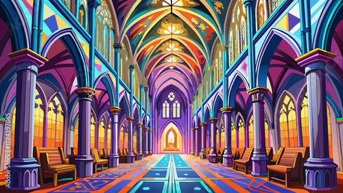 vector of a gothic cathedral interior with tall stained glass windows, colorful light beams, ornate arches, and detailed carvings, realistic historical sacred atmosphere