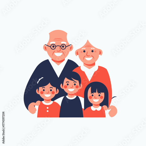 Happy multi-generational family portrait with grandparents and grandchildren smiling.