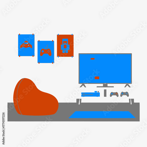 Cozy Gaming Setup with Beanbag and Entertainment Center.