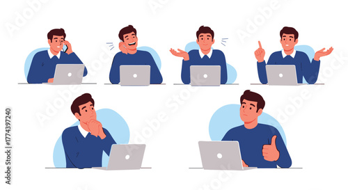 Man with laptop showing different emotions and gestures like talking on phone, thinking and giving thumbs up.