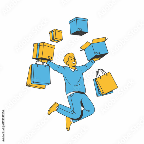 Joyful man celebrates with shopping bags and boxes, expressing happiness and excitement.