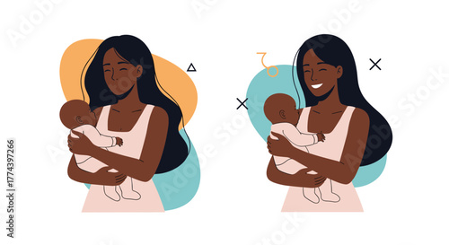 Two illustrations of a mother holding her baby against abstract colorful backgrounds.