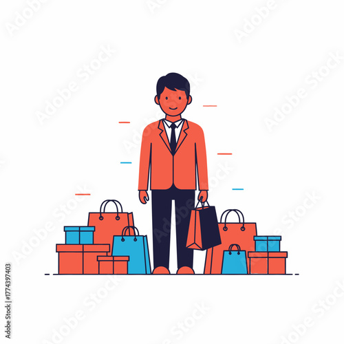 Man in suit surrounded by shopping bags and boxes, consumerism concept.