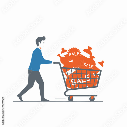 Man pushing shopping cart filled with sale items representing consumerism.