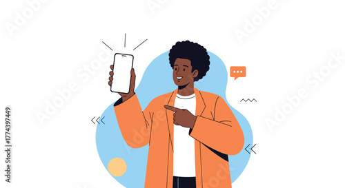 Man in an orange jacket holding up a smartphone with a blank screen and pointing to it.