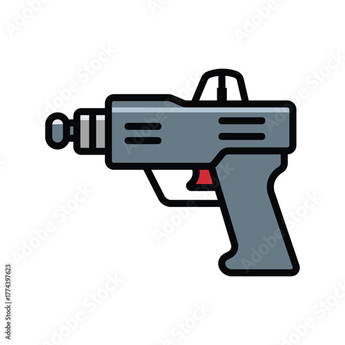 Illustrated blaster showcases a futuristic blue gray design against a white background