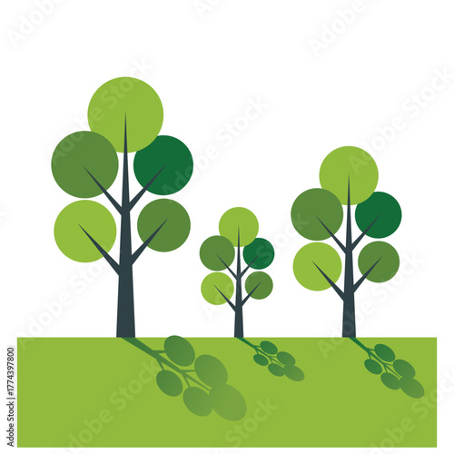 Three simplistic trees with green canopy and dark trunk sit upon a verdant lawn with shadows