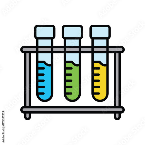 Three test tubes filled with blue, green, and yellow liquid sit in a rack on white background