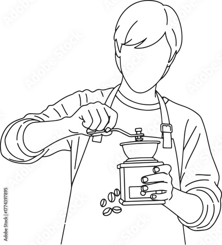Barista Grinding Coffee Beans with Manual Hand Grinder Line Art Illustration