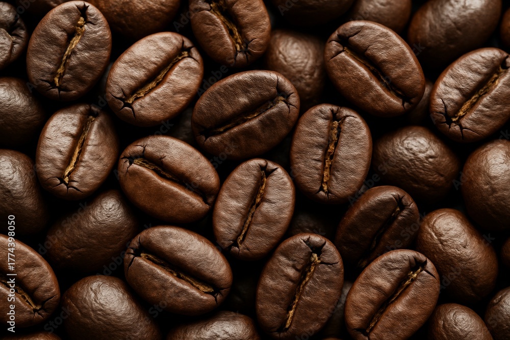 Fototapeta premium Close-up of roasted coffee beans with detailed texture and rich brown tones on dark background as a food concept image for freshness and aroma.. Ai generative