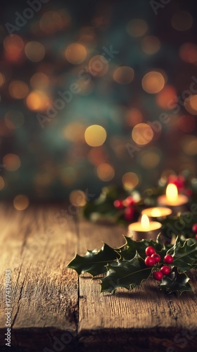 Christmas Candlelight with Holly and Bokeh Lights on Wooden Table