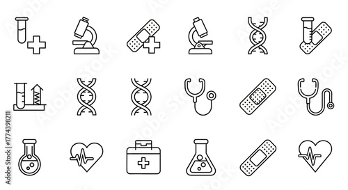 Medical Icon Set Line Art Style Healthcare Symbols Scientific Equipment.