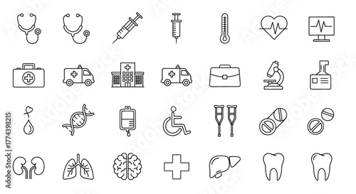 Medical Icon Set Stethoscope Syringe Thermometer Heart Monitor and More.