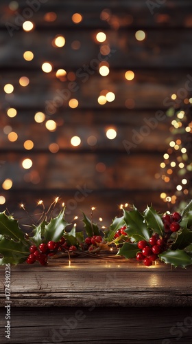 Christmas Candlelight with Holly and Bokeh Lights on Wooden Table