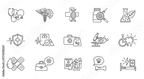 Simple Black Line Art Stethoscope and Heartbeat Medical Icon.
