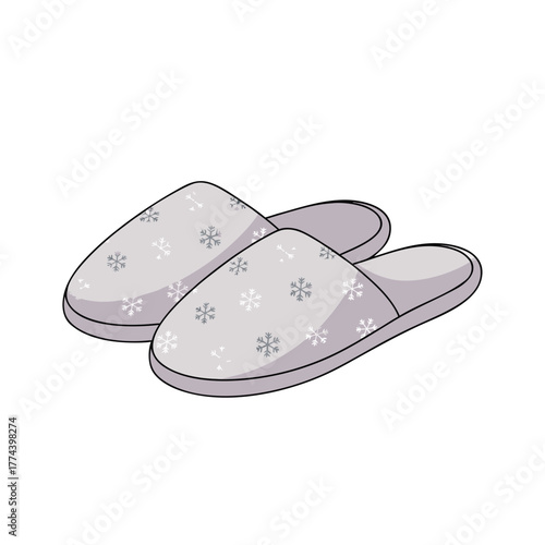 Comfortable gray slippers with snowflake pattern on white background  