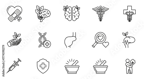 Simple Black Line Art Heart with Bandage Medical Symbol.