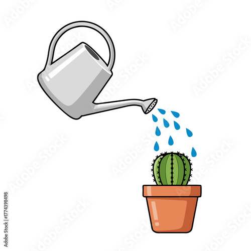 Watering can pouring water on cactus in terracotta pot  