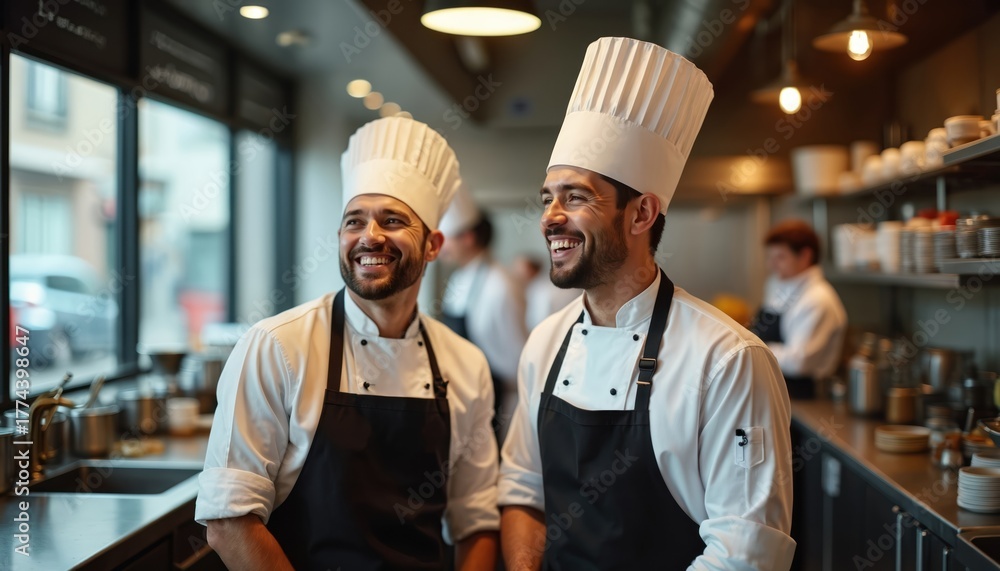 Naklejka premium Two smiling male chefs in white uniforms and black aprons laugh heartily in a pro restaurant kitchen. They stand side by side, enjoying camaraderie. Other staff work blurred in background.