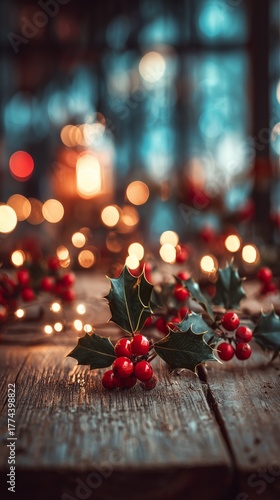 Christmas Candlelight with Holly and Bokeh Lights on Wooden Table