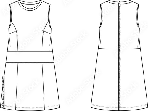 Technical flat sketch of sleeveless A-line dress, princess seams, fitted bodice, front and back view, fashion design, garment construction, pattern making