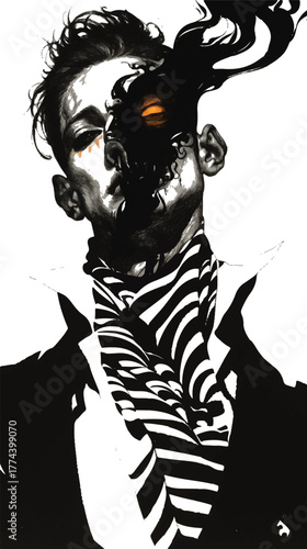 The Enigmatic Transformation: An artistic portrayal of a person's face undergoing a surreal metamorphosis, blending human features with abstract, dark elements. This image evokes feelings of mystery.