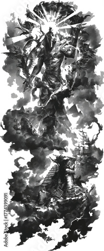 Celestial Encounter: A dramatic monochrome illustration depicts a celestial being amidst swirling clouds, emitting beams of light. The artwork features intricate details.