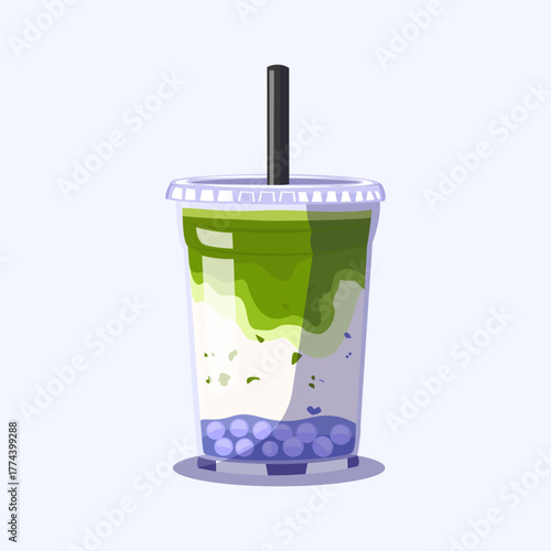 Green matcha and taro milk drink with tapioca pearls served in a plastic cup.