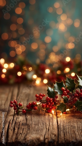 Christmas Candlelight with Holly and Bokeh Lights on Wooden Table
