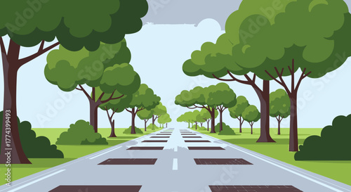 A scenic cartoon illustration of a long, straight road lined with lush green trees and bushes, leading into the distance.