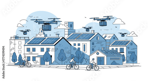 Drone Delivery Over Residential Houses in Illustration