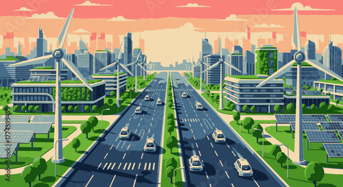 A futuristic green city landscape with wind turbines, solar panels, and modern eco-friendly buildings.