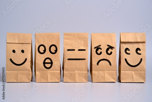 Paper bags illustrating different emotions arranged in a row on a light background