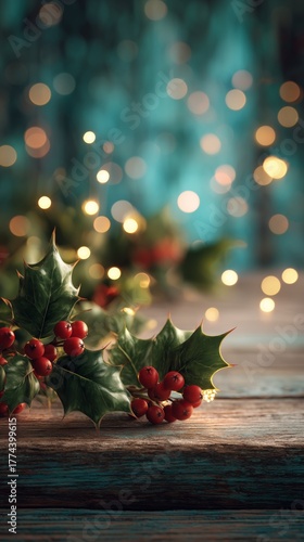 Christmas Candlelight with Holly and Bokeh Lights on Wooden Table