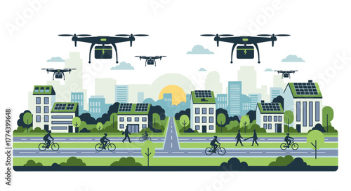 Sustainable Smart City with Solar Panel Buildings, Drones, Cyclists, and Pedestrians